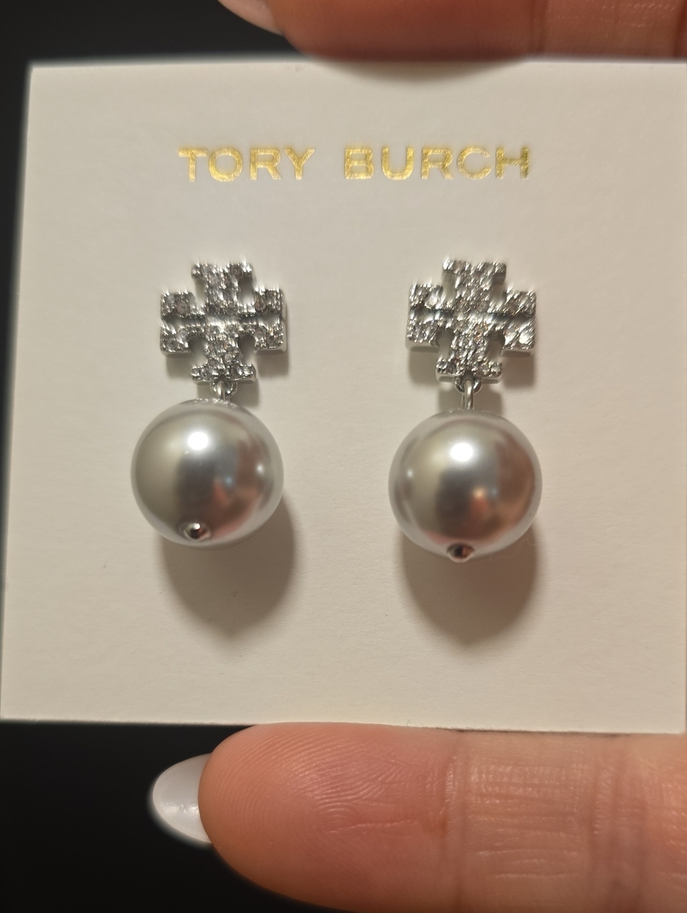 Tory Burch Silver Pearl Drop Earrings with Crystal Logo Drops